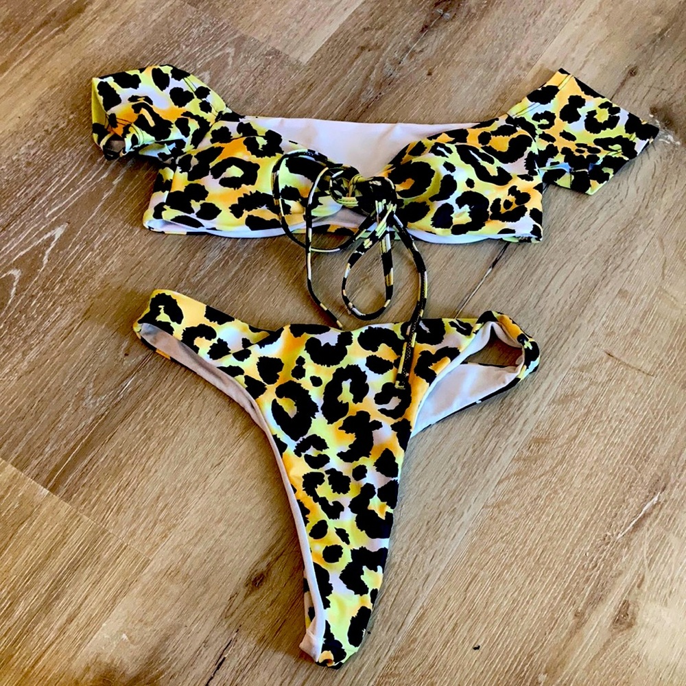 Yellow leopard off the shoulder thong bikini